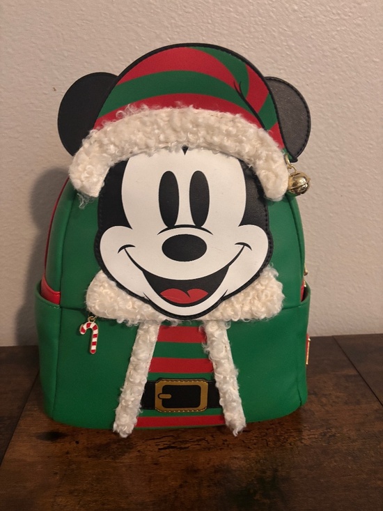 Loungefly Disney Mickey Mouse Elf Holiday Christmas Santa Red Green Backpack